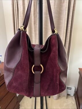 Michael Kors Burgundy Suede & Leather Shoulder Bag with Gold Ring